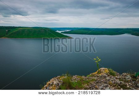 Aerial View On The Dniester Canyon, River And Bakota Bay In National Park Podillya Tovtry. Location