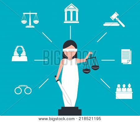 Lady justice or Iustitia vector illustration in flat stile. Law and justice concept with themis statue and judicial icons.