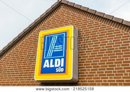 WETZLAR GERMANY JUNE 2017: ALDI (south)supermarket chain sign. ALDI (south) is a German global discount supermarket chain based in Mülheim an der Ruhr