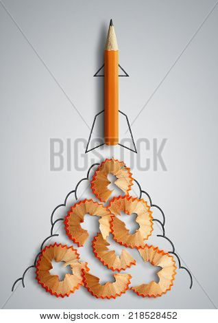 start up concept pencil with shaving as drawn rocket