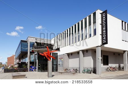 Karlshamn Sweden - August 23 2017: Exterior of the public library building i Karlshamn.