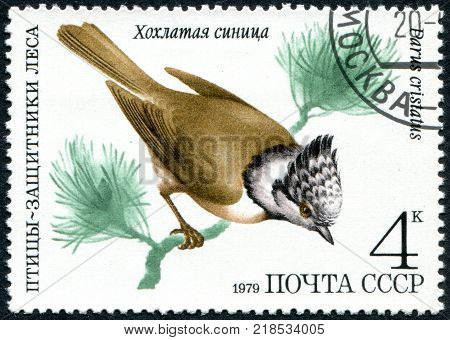 USSR - CIRCA 1979: A stamp printed in the USSR shows a Eurasian Crested Tit (Lophophanes cristatus) circa 1979