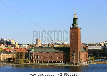Stockholm Sweden - May 4 2014: The Stockholm city hall exterior view from south.