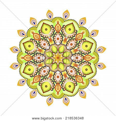 Flower Mandala. Outline flower decorative illustration in warm yellow tones. Hand drawn vector background. Vintage decorative elements