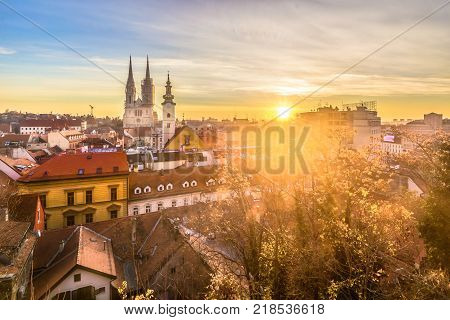 Aerial view at marble architecture in city center of town Zagreb at sunrise, Croatia Europe.