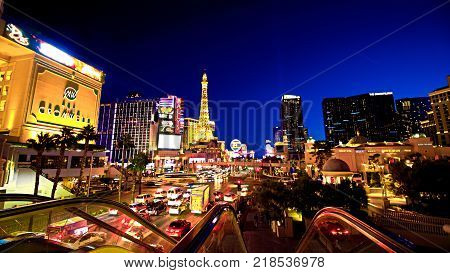LAS VEGAS - OCT 11 : View of the strip in Las Vegas on Oct 11 2017. The Las Vegas Strip is an approximately 4.2-mile (6.8 km) stretch of Las Vegas Boulevard in Clark County Nevada.