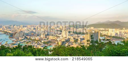 panorama of the city of Sanya, a view of the city in the highest point, the island of the Phoenix. Asia