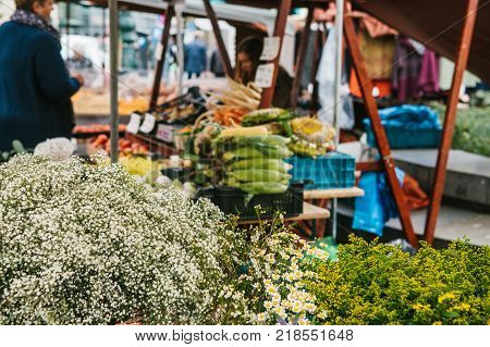 A small business for selling flowers. The seller does the work in the background. Street shop. There are different kinds of flowers on the counter