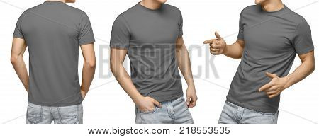 Young male in blank gray t-shirt, front and back view, isolated white background with clipping path. Design men tshirt template and mockup for print.