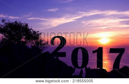 New year 2017 with sunset on the mountain background.