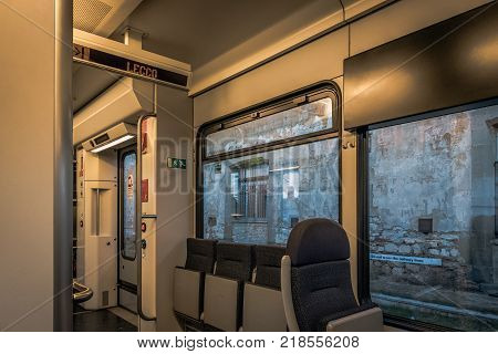Interior of Italian regional train, traveling to Lecco town