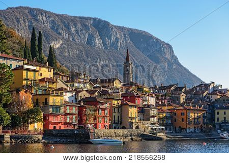 View of Varena town one of the small beautiful towns on Como lake, Lombardy, Italy