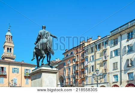 Casale Monferrato Italy - May 13 2011: Piazza Mazzini and the equestrian statue dedicated to Carlo Alberto