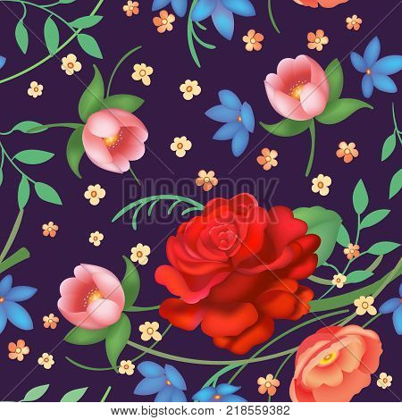 Shabby chic vintage roses, tulips and forget-me-nots vintage seamless pattern, classic chintz floral repeat background for web and print. Vector illustration