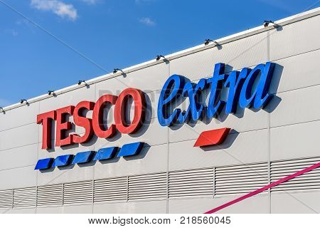 Northampton, UK - Oct 25, 2017: View of a Tesco Extra Logo in Weston Favell.