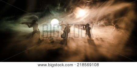 Rocket Launch With Fire Clouds. Battle Scene With Rocket Missiles With Warhead Aimed At Gloomy Sky A