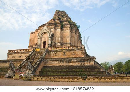 CHIANG MAI, THAILAND - JANUARY 15, 2014: Ruins of the giant stupa of the ancient Buddhist temple Wat Chedi Luang