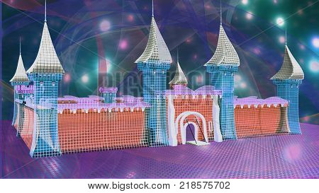 3D rendering of a virtual medieval castle scene against the backdrop of an alien night sky
