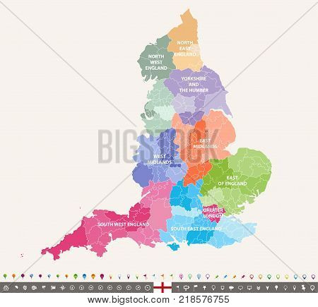 England ceremonial counties vector map colored by regions