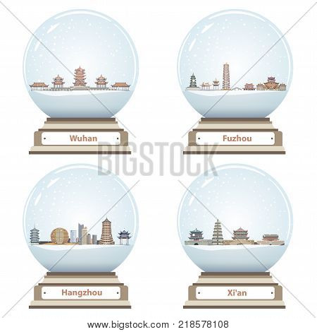 vector snow globes with abstract chinese city skylines inside