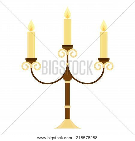 Vector illustration of vintage candelabrum isolated on white background. Candelabra in flat style. Glowing candles in chandelier.