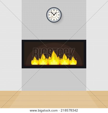 Vector illustration of modern fireplace built in the wall, with clock above and parquet floor.