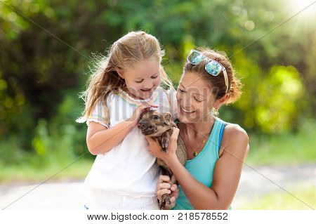 Kids And Farm Animals. Child With Baby Pig At Zoo.