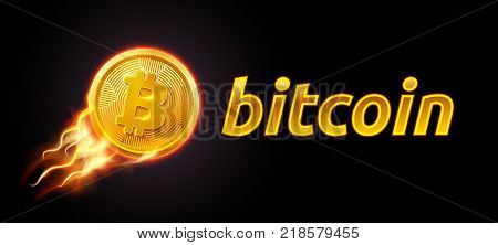 Abstract technology bitcoin symbol. Golden bitcoin coin on dark background in orange and yellow flame fire fluing in high. Virtual money Digital currency. Vector stock illustration. EPS 10