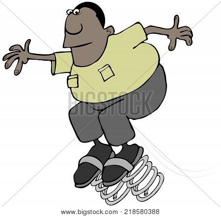 Illustration of a man with large coils attached to his feet springing forward for daylight savings time.