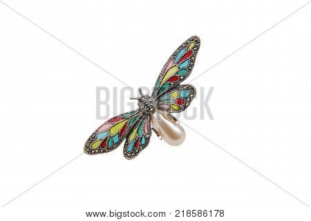 jewelery and metal butterfly brooch isolated on white