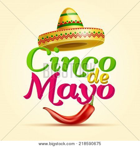 Cinco De Mayo lettering celebration vector background with sombrero, chili paper, royalty free stock for greeting card, ad, promotion, poster, flyer, social media