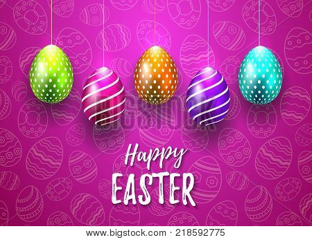 Happy Easter Vector Typography card with colored eggs on bright purple seamless background for greeting card, ad, promotion, poster, flyer, web-banner, article, social media