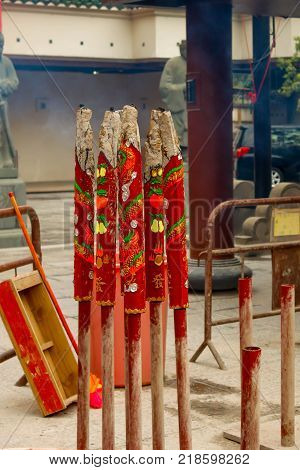Big red incense sticks in Che Kung Temple Hong Kong