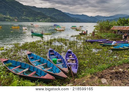 POKHARA NEPAL - September 29 2013: Residents on old small boats sailing on the Phewa lake. Rowboat symbol of Phewa lakeside in Pokhara city.