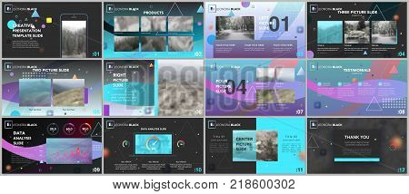 Clean and minimal presentation templates. Different, small, simple elements on a black background. Brochure cover vector design. Presentation slides for flyer, leaflet, brochure, report, marketing, advertising.
