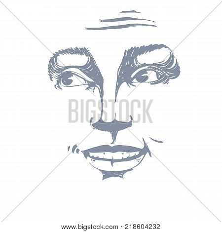 Monochrome vector hand-drawn image blameworthy young woman. Black and white illustration of regretful girl. Mask I feel sorry about it.