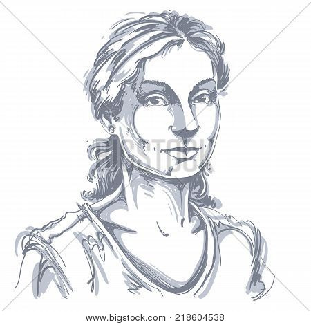 Hand-drawn vector illustration of beautiful kind woman. Monochrome image expressions on face of young lady. Adult person posing.