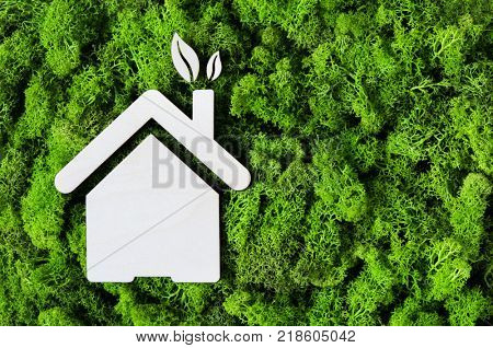 Top view of house wooden shape on green moss with copy space. High angle view of eco house and leaves. Environmental protection and sustainable architecture and energy concept.