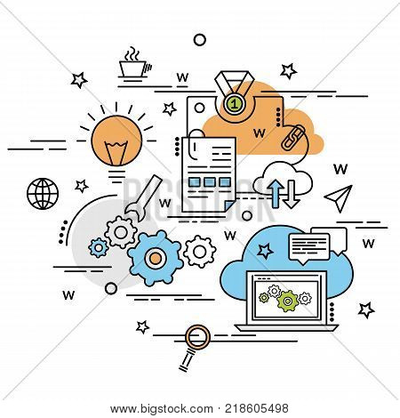 Flat colorful design concept of SEO. Infographic idea of making creative products. Template for website banner flyer and poster.