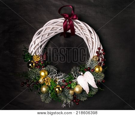 Christmas wreath on a dark background. The view from the top