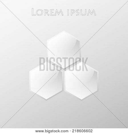 The logo of three white glass surround hexagons with convex reflective surface and a chamfer is made in the form of a pyramid on a light background