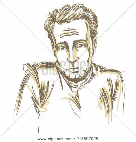 Artistic hand-drawn vector image black and white portrait of blameworthy and regretful guy. Emotions theme illustration.