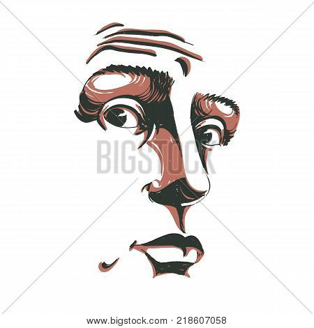 Monochrome vector hand-drawn image surprised young man. Black and white illustration of shocked guy. Face features of guy