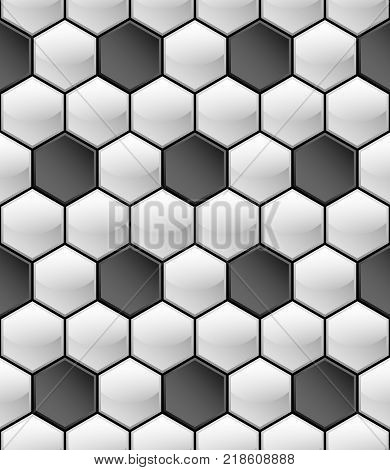 Stylized geometric seamless pattern in the form of a convex white hexagons with a shiny surface and black concave inserts. To design wrapping paper and backgrounds in the sports category