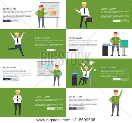 Businessman and successful man posters perfect for web-sites with text sample and two buttons vector illustration isolated on white and green