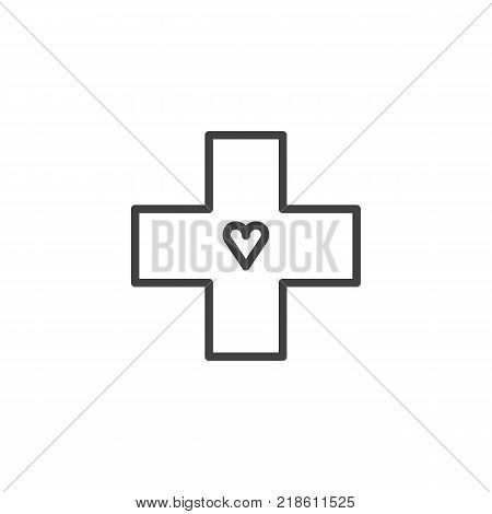 Medical cross with heart line icon, outline vector sign, linear style pictogram isolated on white. Heart care symbol, logo illustration. Editable stroke