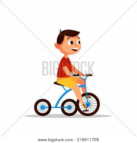 Boy on a bicycle. Riding a bicycle. Happy boy in cartoon style. Vector illustration.