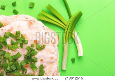 Indian Flatbread Chapati, Green Onion. Color Surge Trend.