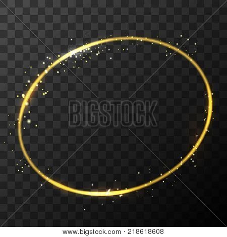 Vector stock gold glitter shine magic round circle frame. Glowing neon sparkle golden border effect on dark transparent background. EPS 10