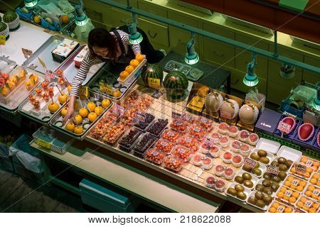 Kanazawa - Japan, June 10, 2017: Variety of fresh ripe fruit for sale at the Omicho Market 